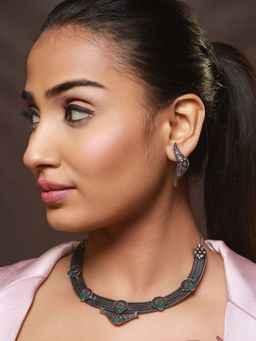 Aatmana - Oxidised Silver Tone Green Stone Studded Filgree Jewellery Set