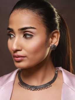 Aatmana - Oxidised Silver Tone Black Stone Studded Floral Jewellery Set