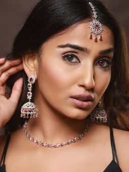 Aatmana - Silver Plated Ruby American Diamond Studded Handcrafted Necklace Set with Maangtikka