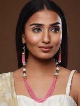 Aatmana - Baby Pink Beaded with Grey Crystals & White Pearls Studded Necklace Earrings
