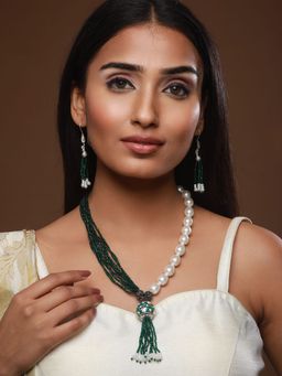 Aatmana - Dark Green Beaded & Pearls Studded Silver Plated Tassel Necklace with Earrings