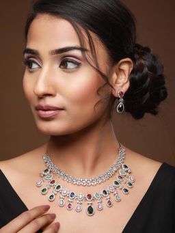 Aatmana - Silver Plated Multicolor AD Stone Studded Jewellery Set