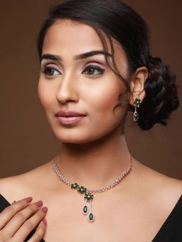 Aatmana - Rose Gold Plated Green & White AD Studded Jewellery Set