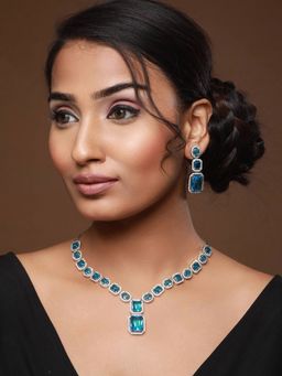 Aatmana - Silver Plated AD Studded Handcrafted Capri Blue Jewellery Set