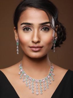 Aatmana - Women Silver Plated Pink & Mint AD Studded Handcrafted Jewellery Set