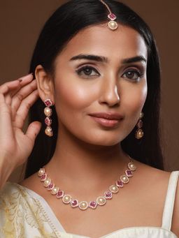 Aatmana - Rose Gold Plated Handcrafted Pink American Diamond & Pearl Studded Set Maang Tikka