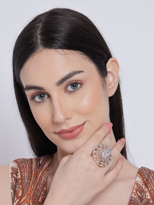 Aatmana Rose Gold Plated Silver Toned AD Studded Oval Shape Adjustable Finger Ring