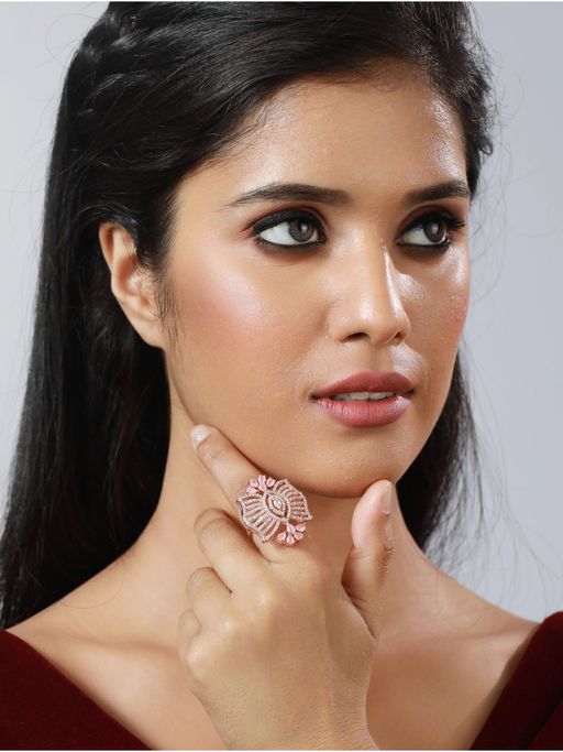 Aatmana Pink Rose Gold Plated American Diamond Studded Adjustable Floral Finger Ring