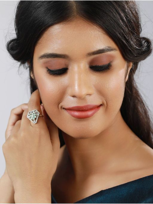 Aatmana Silver Plated Mint Green AD Studded Adjustable Finger Ring