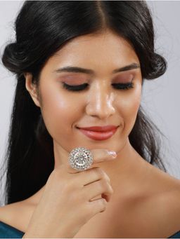 Aatmana - Silver Plated CZ Studded Flower Shaped Adjustable Finger Ring