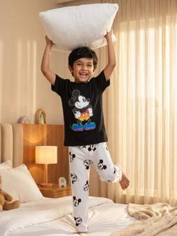 Napchief - Girls Black-Grey Mickey T-shirt with Pyjama
