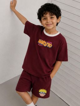 Napchief - Boys Burgundy Naruto Uzumaki Character T-shirt with Shorts