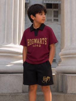 Napchief - Unisex Maroon-Black Hogwarts Polo T-shirt with Shorts