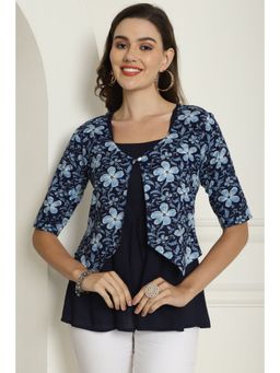 Rajnandini - Women's Navy Blue Pure Cotton Jaipuri Printed Short Tunic With Inner (Set of 2)