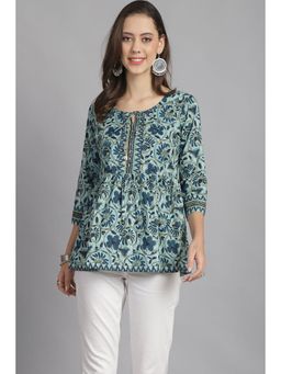 Rajnandini - Women's Green Pure Cotton Floral Printed Short Tunic