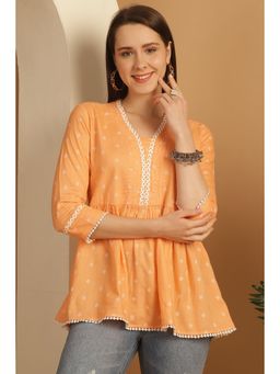 Rajnandini - Women's Orange Pure Cotton Jaipuri Printed Short Tunic