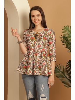 Rajnandini - Women's White Pure Cotton Floral Printed Short Tunic
