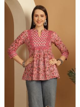 Rajnandini - Women's Pink Pure Cotton Floral Printed Short Tunic