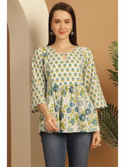 Rajnandini - Women's White Pure Cotton Floral Printed Short Tunic