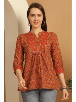 Rajnandini - Women's Orange Pure Cotton Floral Printed Short Tunic
