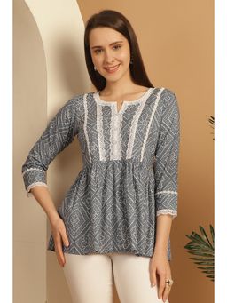 Rajnandini - Women's Grey & White Pure Cotton Bandhani Printed Short Tunic