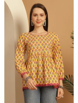 Rajnandini - Women's Yellow Pure Cotton Floral Printed Short Tunic