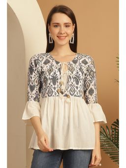 Rajnandini - Women's Grey & White Pure Cotton Block Printed Short Tunic