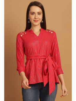Rajnandini - Women's Pink Pure Cotton Embroidered Short Tunic With Belt (Set of 2)