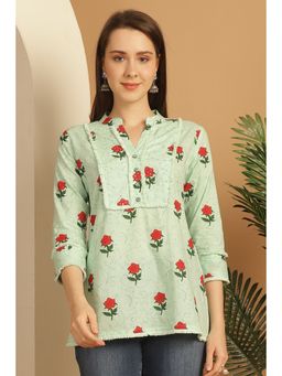 Rajnandini - Women's Green Pure Cotton Floral Printed Short Tunic
