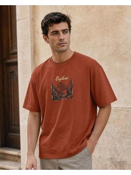 Nobero - Mens Rust Oversized Cotton Printed Drop Shoulders T-Shirt