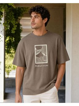 Nobero - Mens Brown Oversized Cotton Printed Drop Shoulders T-Shirt