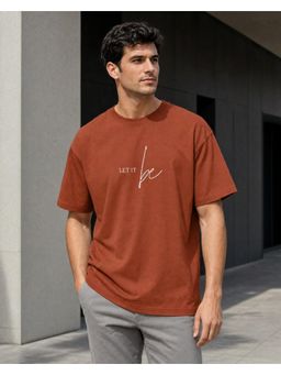 Nobero - Mens Rust Oversized Cotton Printed Drop Shoulders T-Shirt