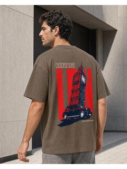 Nobero - Mens Brown Oversized Cotton Printed Drop Shoulders T-Shirt