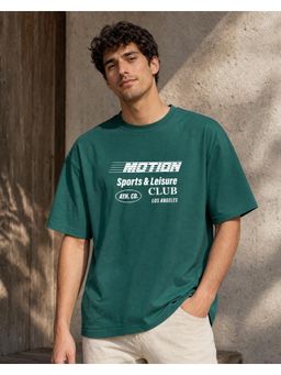 Nobero - Mens Green Oversized Cotton Printed Drop Shoulders T-Shirt
