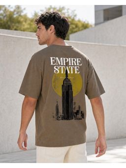 Nobero - Mens Brown Oversized Cotton Printed Drop Shoulders T-Shirt