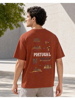 Nobero - Mens Rust Oversized Cotton Printed Drop Shoulders T-Shirt