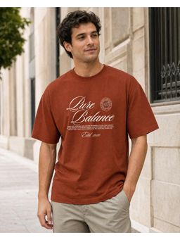 Nobero - Mens Rust Oversized Cotton Printed Drop Shoulders T-Shirt