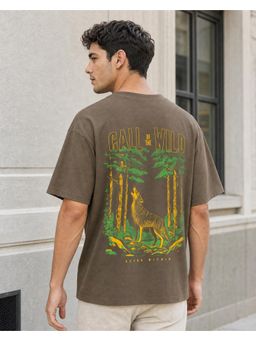 Nobero - Mens Brown Oversized Cotton Printed Drop Shoulders T-Shirt