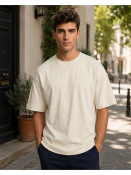 Nobero - Mens White Oversized Solid Pure Cotton 220 Gsm T-Shirt