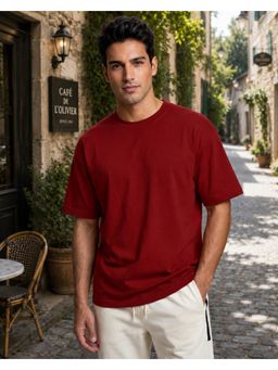 Nobero - Mens Red Oversized Solid Pure Cotton 220 Gsm T-Shirt