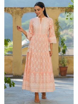 Juniper - Peach Ethnic Motif Printed Pure Cotton Tiered Maxi Dress with Sequins Work