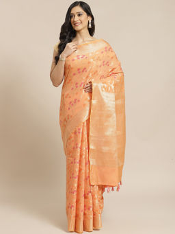 Indethnic - Banarasi Peach Woven Design Daily Wear Saree With Unstitched Blouse
