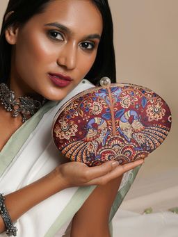 Teejh - Crimson Carnival Maroon Blue and Gold Printed Clutch