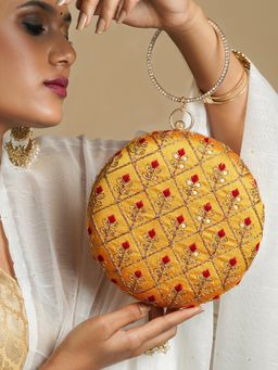 Teejh - Ek2aani Yellow Embroidered Fabric Clutch