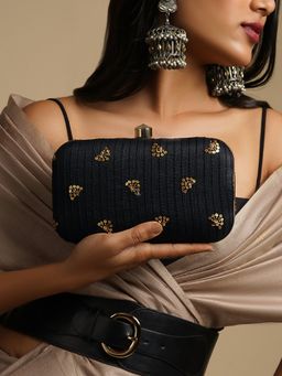 Teejh - Fire Flies Black Sequin Embroidered Fabric Clutch