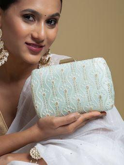 Teejh - Powder Plush Blue Chikankari Embroidered Clutch