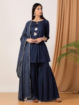 Empress Pitara - Navy Blue Peplum Kurta - Sharara Set With Bandhej Print Dupatta (Set of 3)