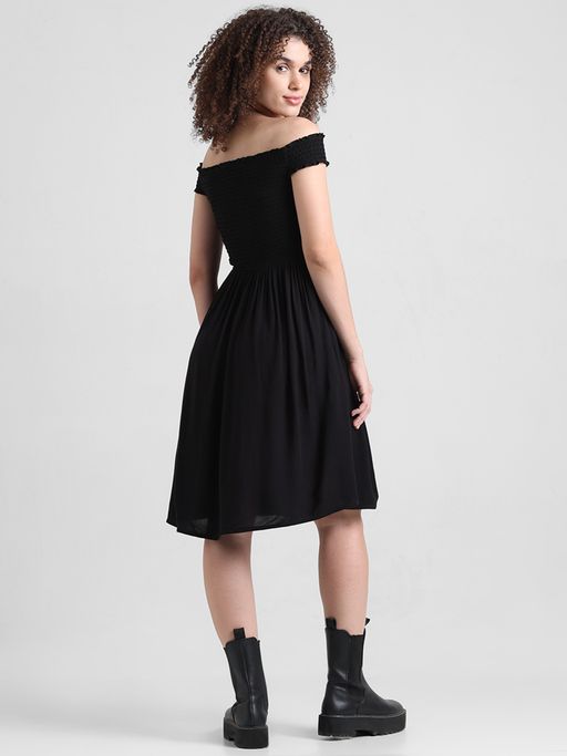 black smocked off the shoulder dress Plus Size - Smocked Skater Off-Shoulder Mini Dress