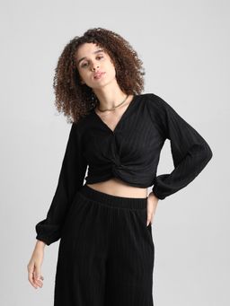ONLY - Black Plissé Cropped Co-ord Set Top