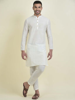 DEYANN - Men Cotton Blend White Solid Kurta & Pyjama (Set of 2)